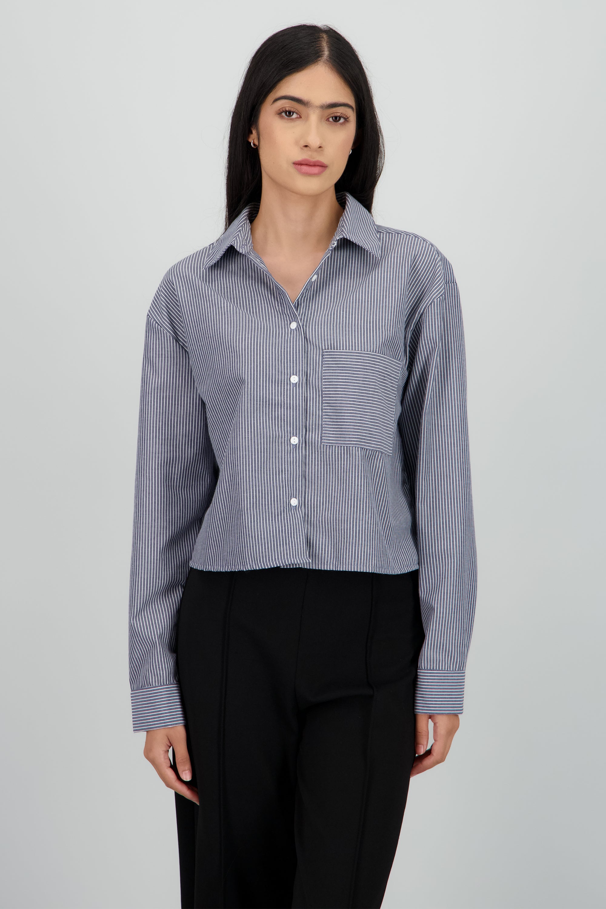 Camisa crop manga larga con rayas AZUL COMBO