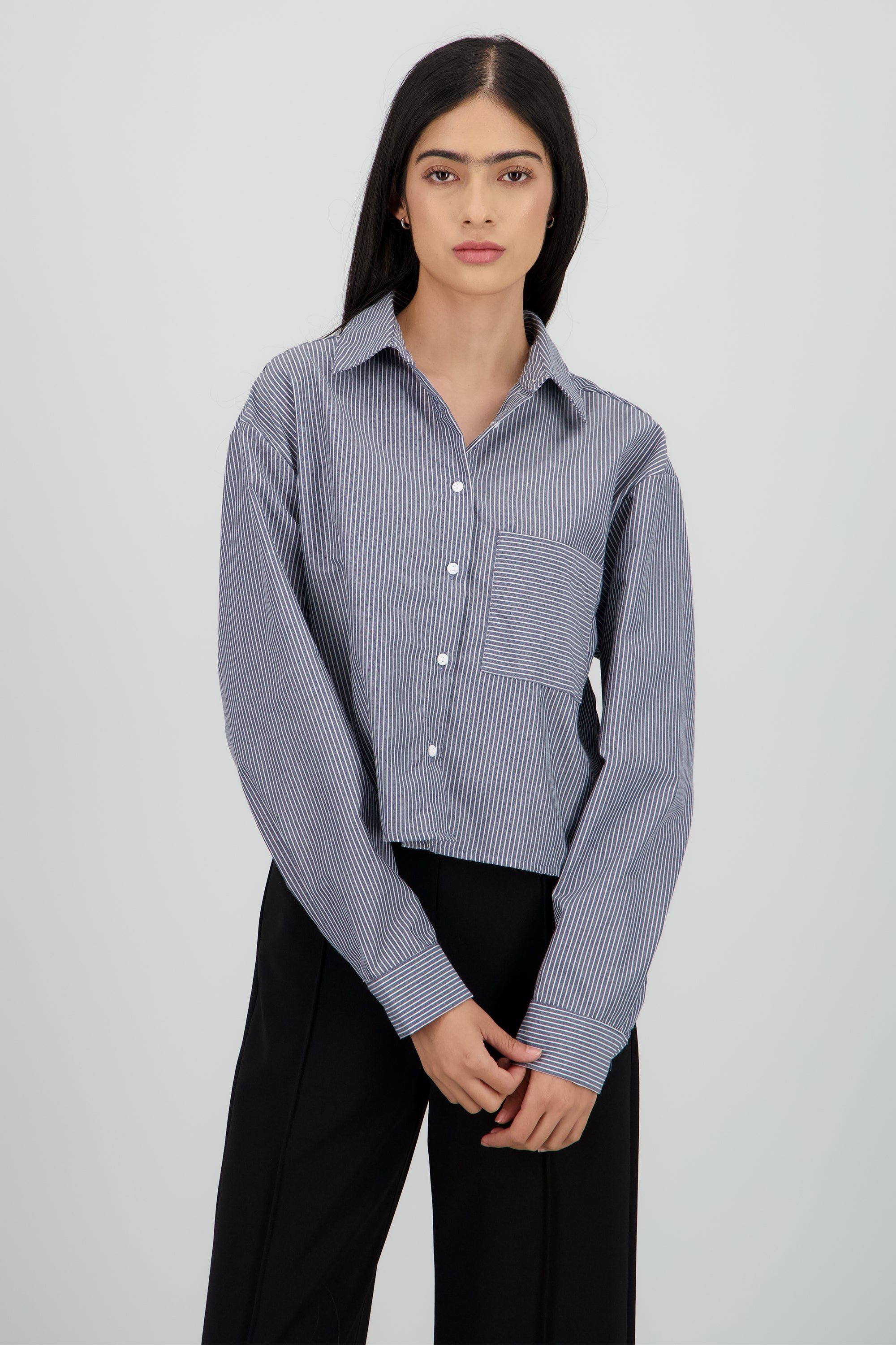 Camisa crop manga larga con rayas AZUL COMBO