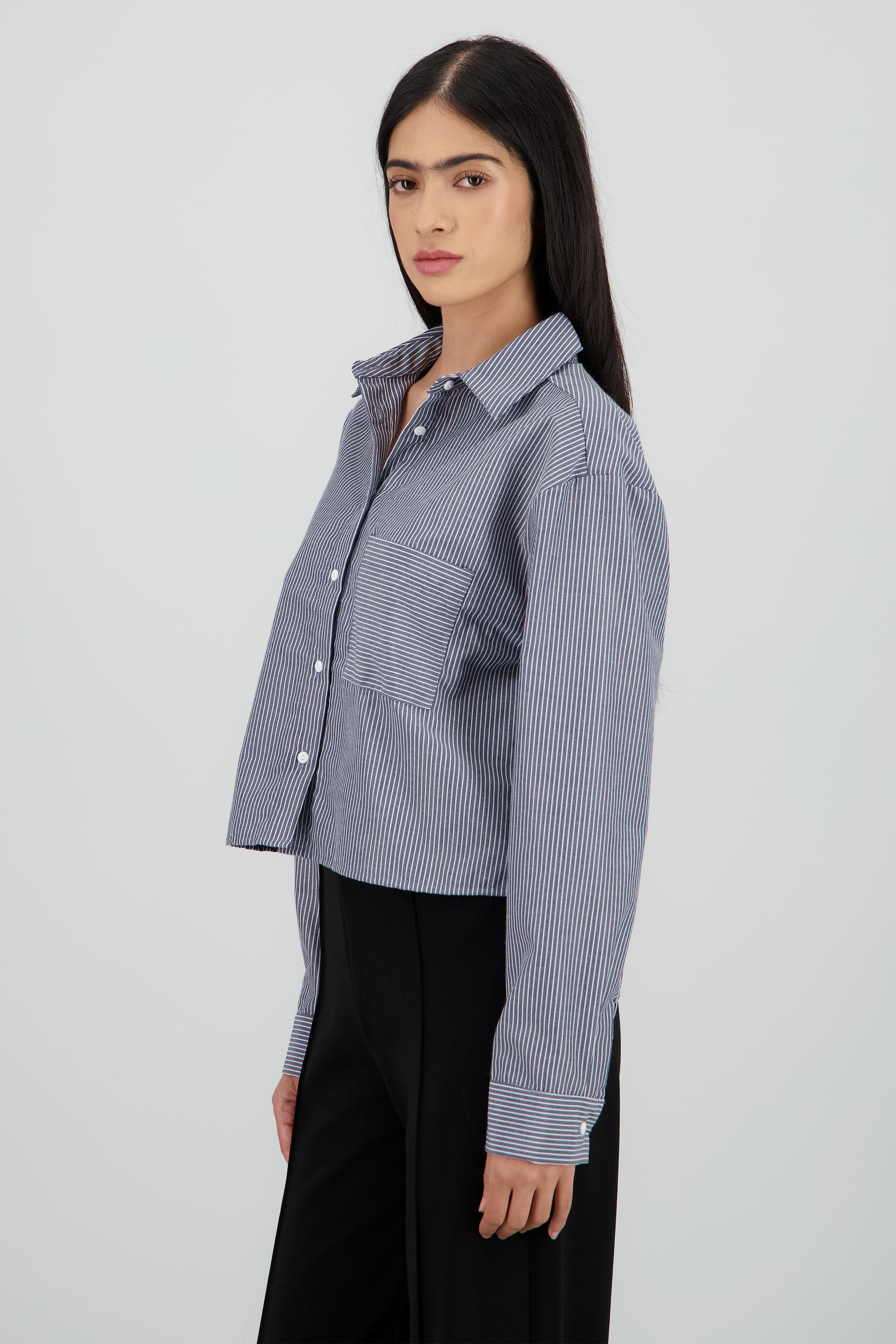 Camisa crop manga larga con rayas AZUL COMBO