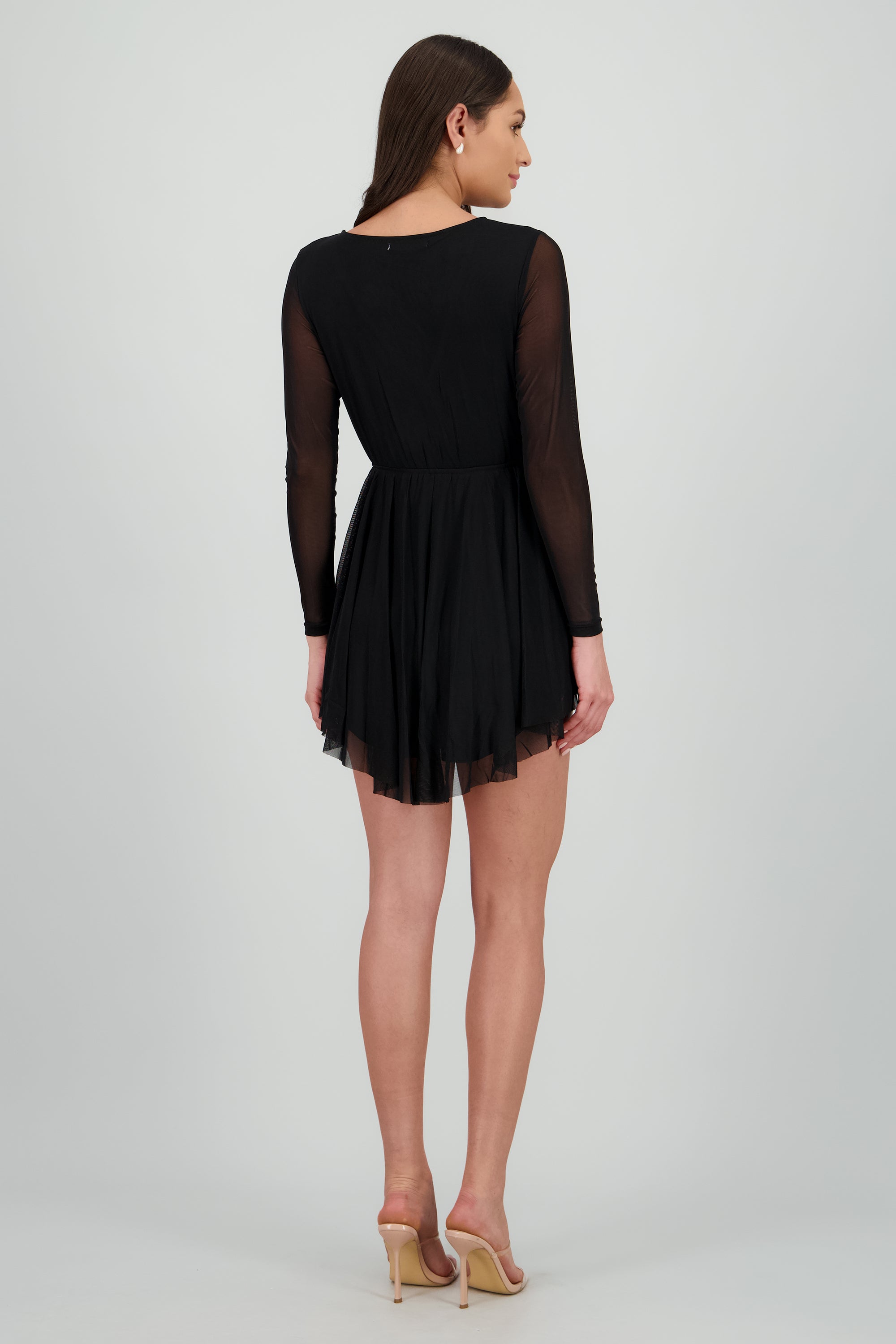 Mini vestido mesh manga larga NEGRO