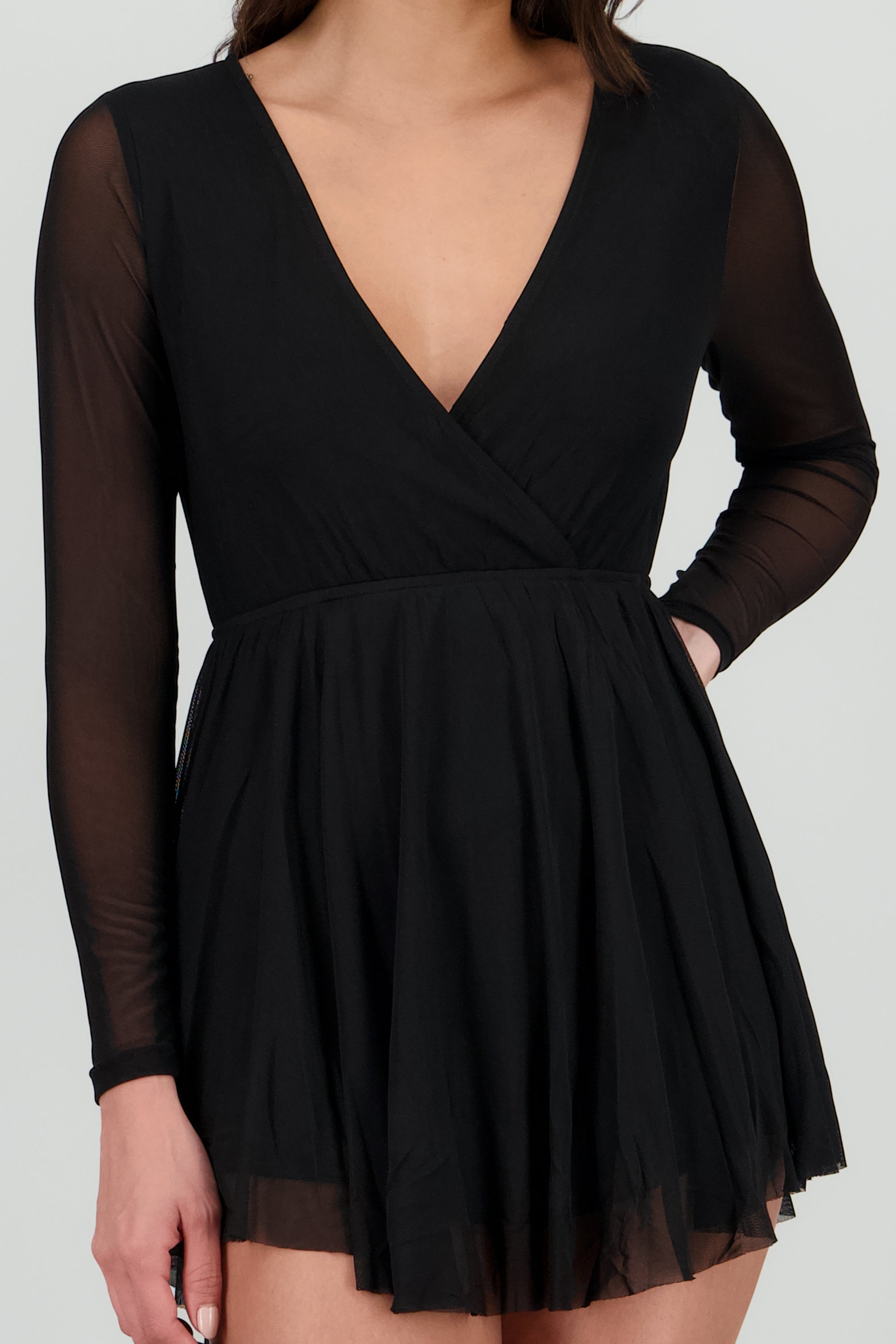 Mini vestido mesh manga larga NEGRO