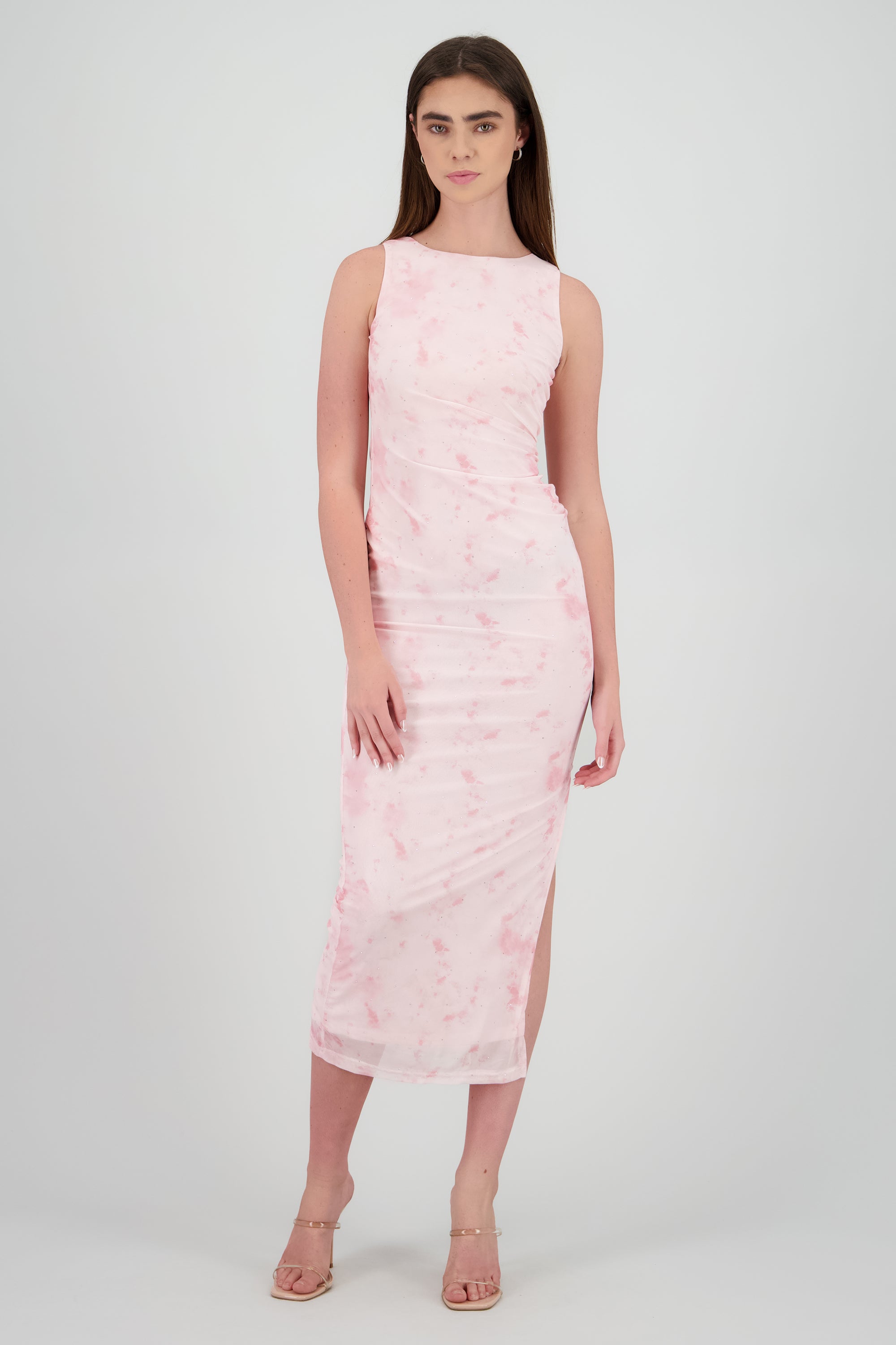 Maxi vestido mesh estampado brillos ROSA