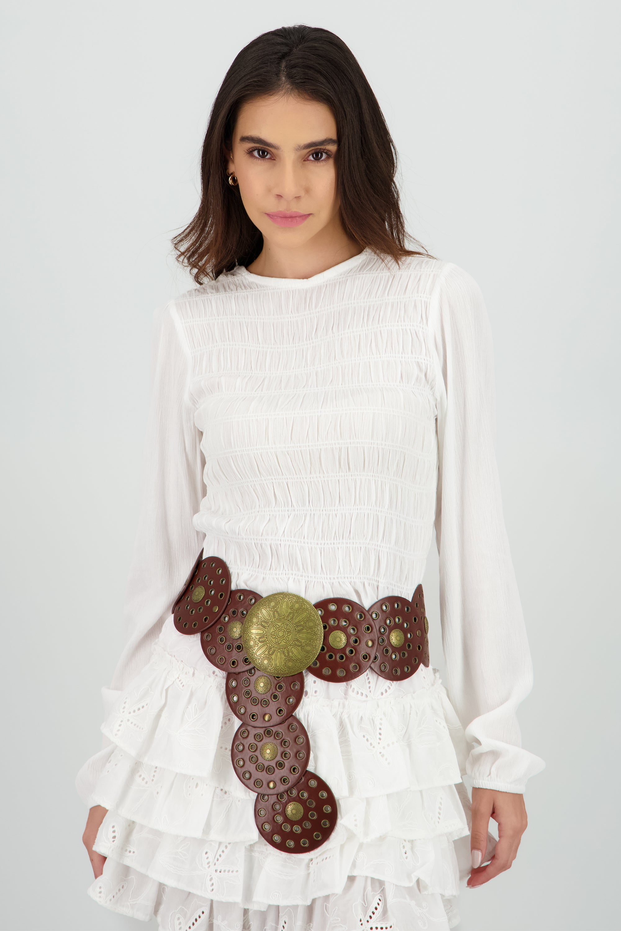 Blusa manga larga cuello redondo smock HUESO