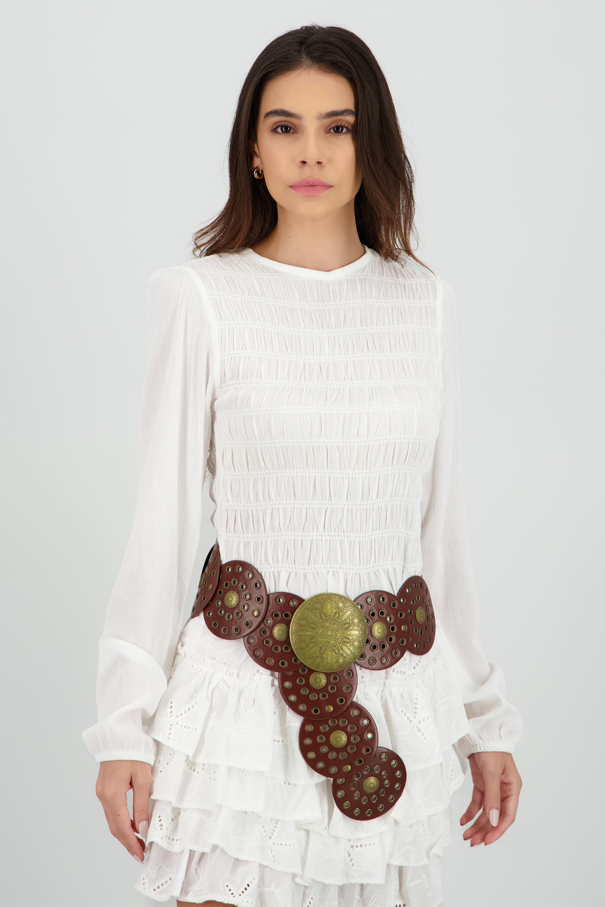 Blusa manga larga cuello redondo smock HUESO