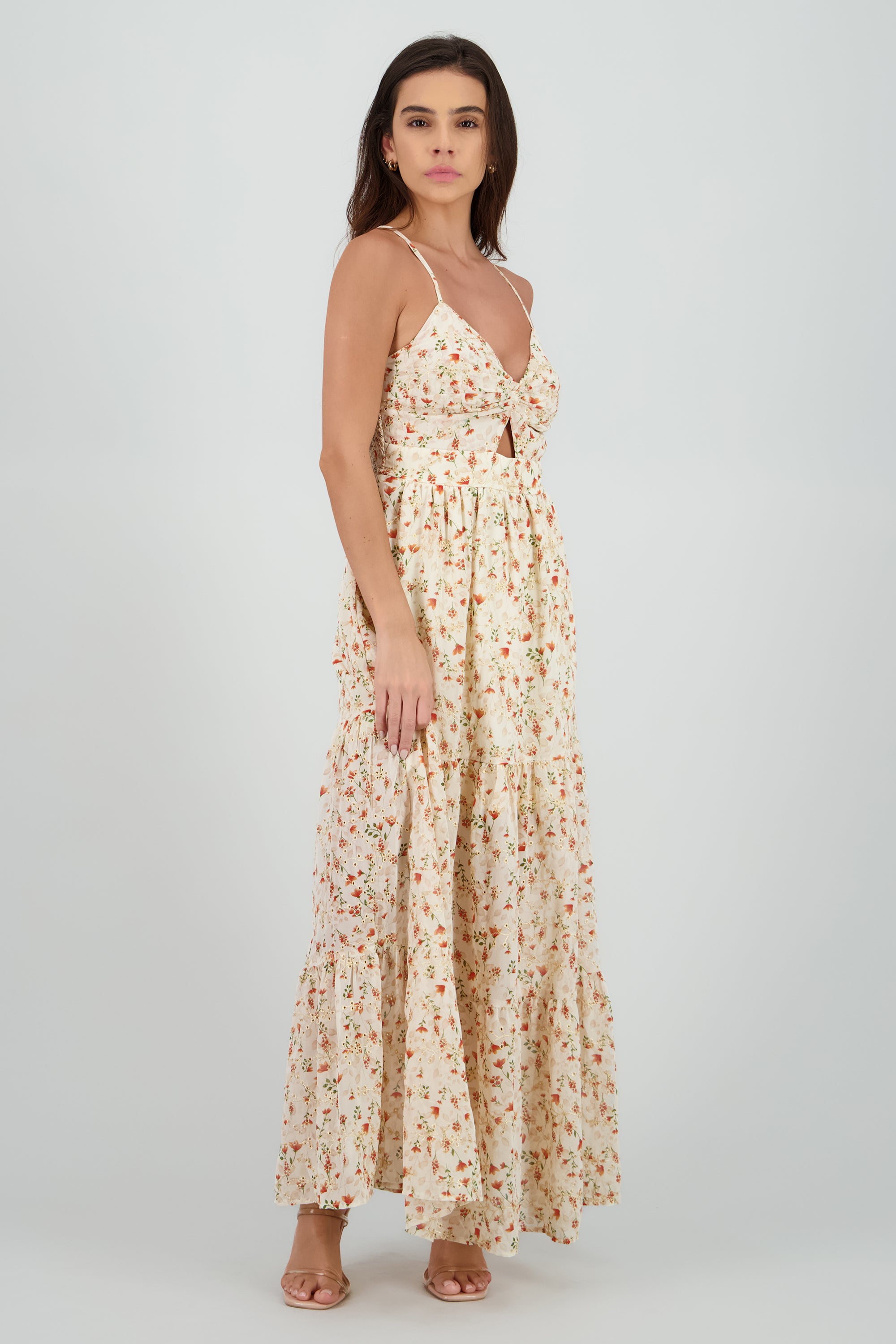 Vestido maxi bordado estampado NARANJA COMBO