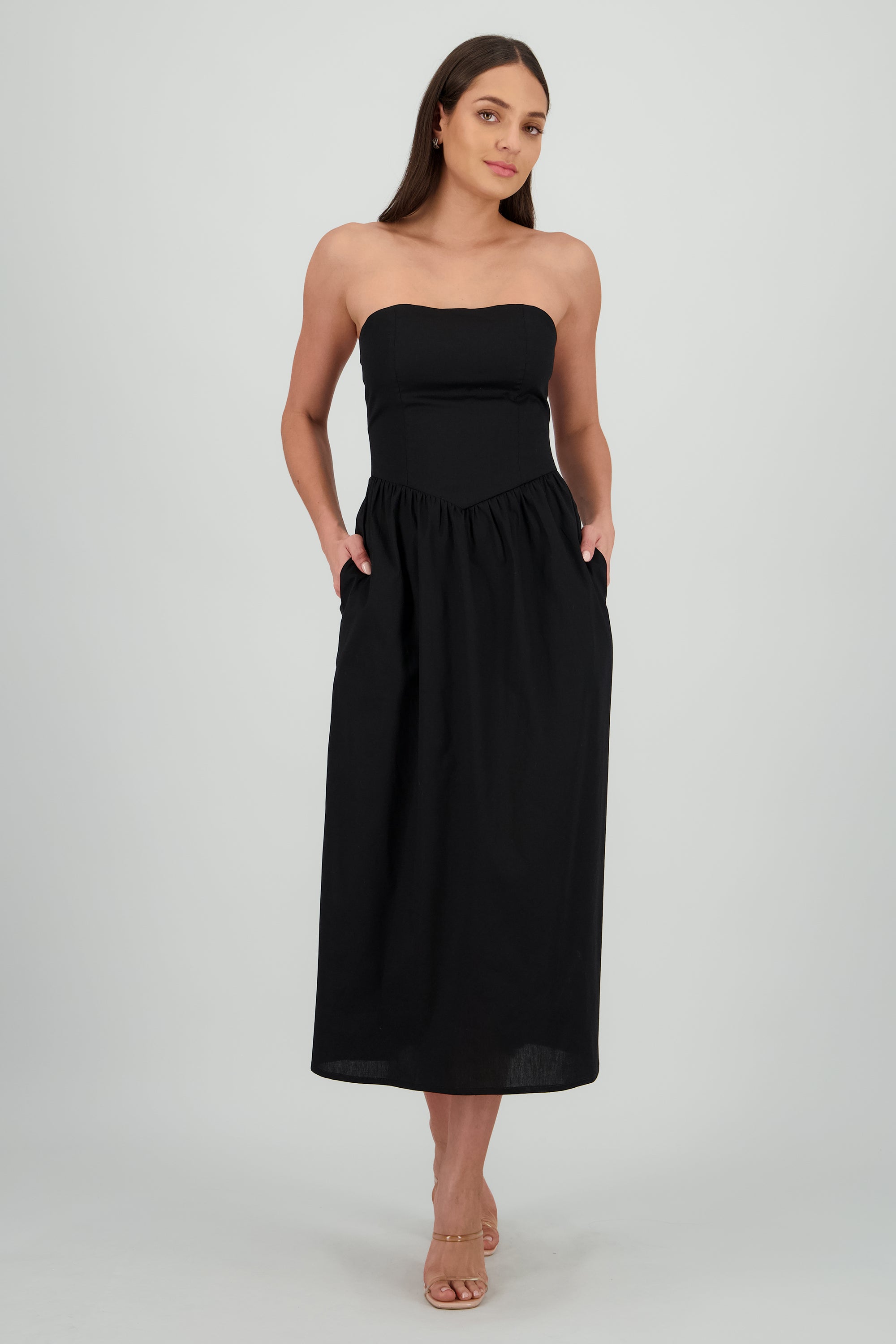 Vestido midi strapless liso NEGRO
