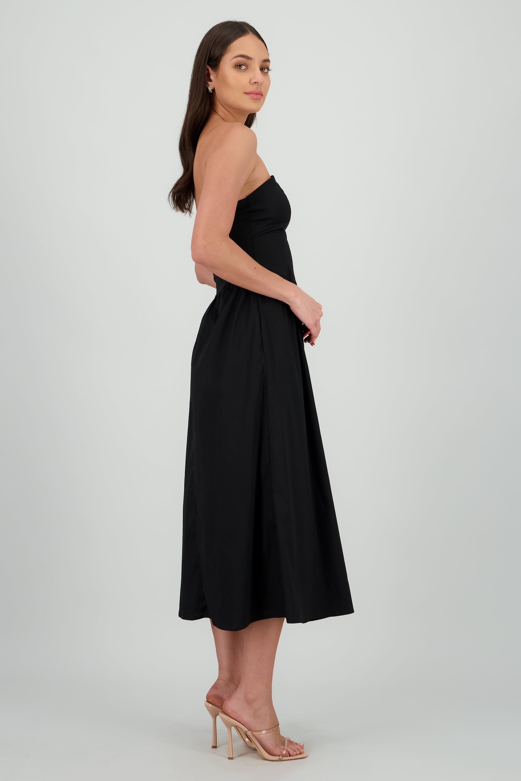 Vestido midi strapless liso NEGRO