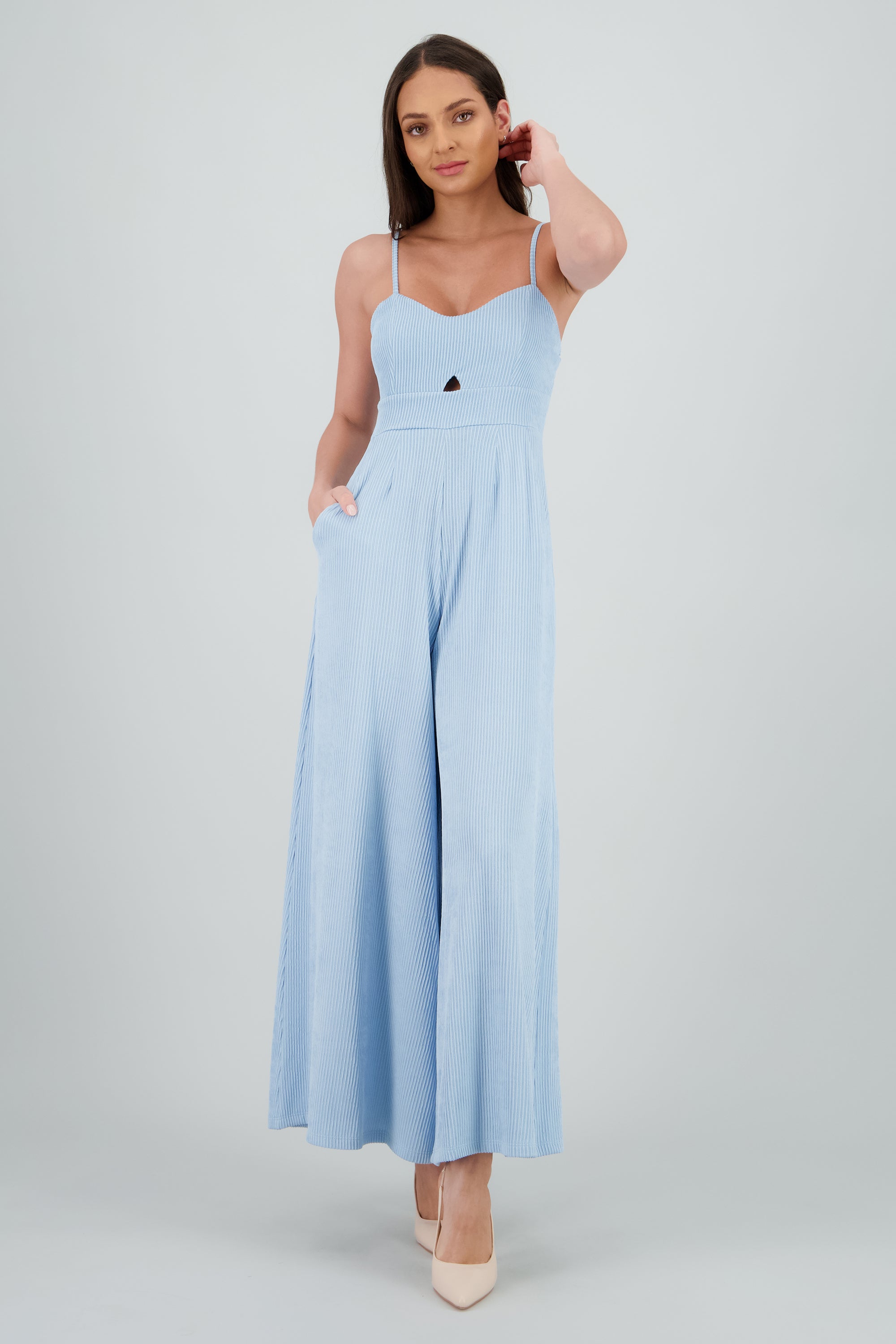 JUmpsuit tirantes wide leg textura AZUL PASTEL