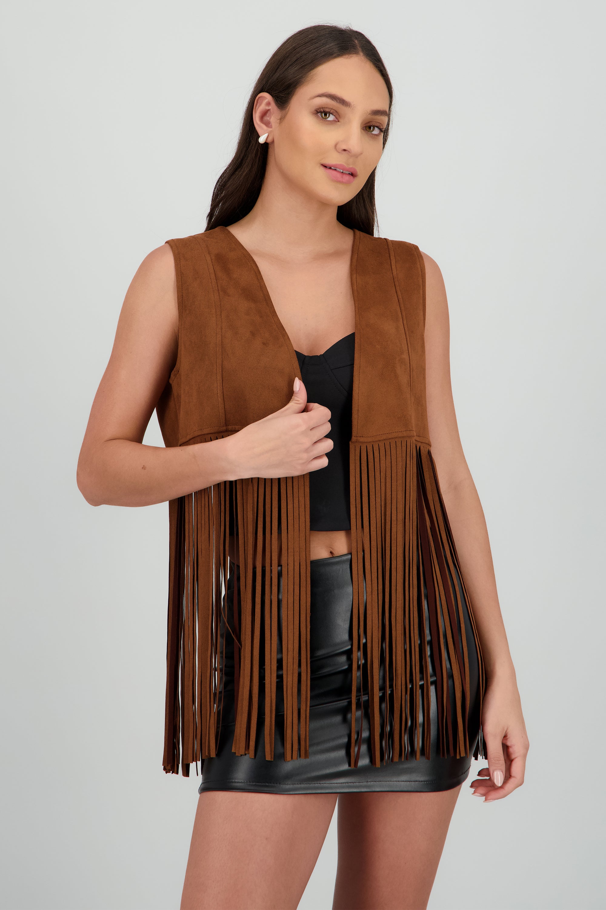 Chaleco liso suede detalle fringe CAMELLO