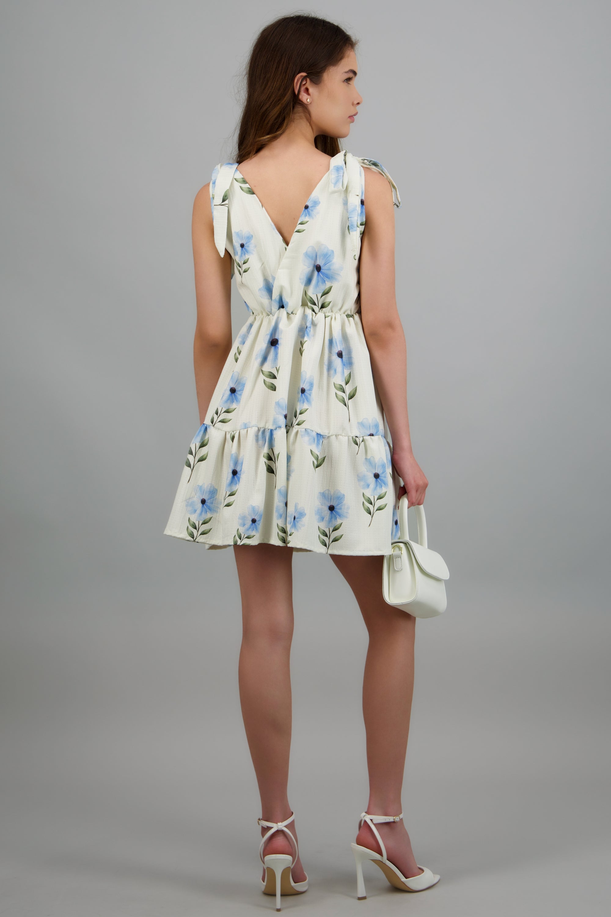 Vestido escote v detalle moños BLANCO COMBO