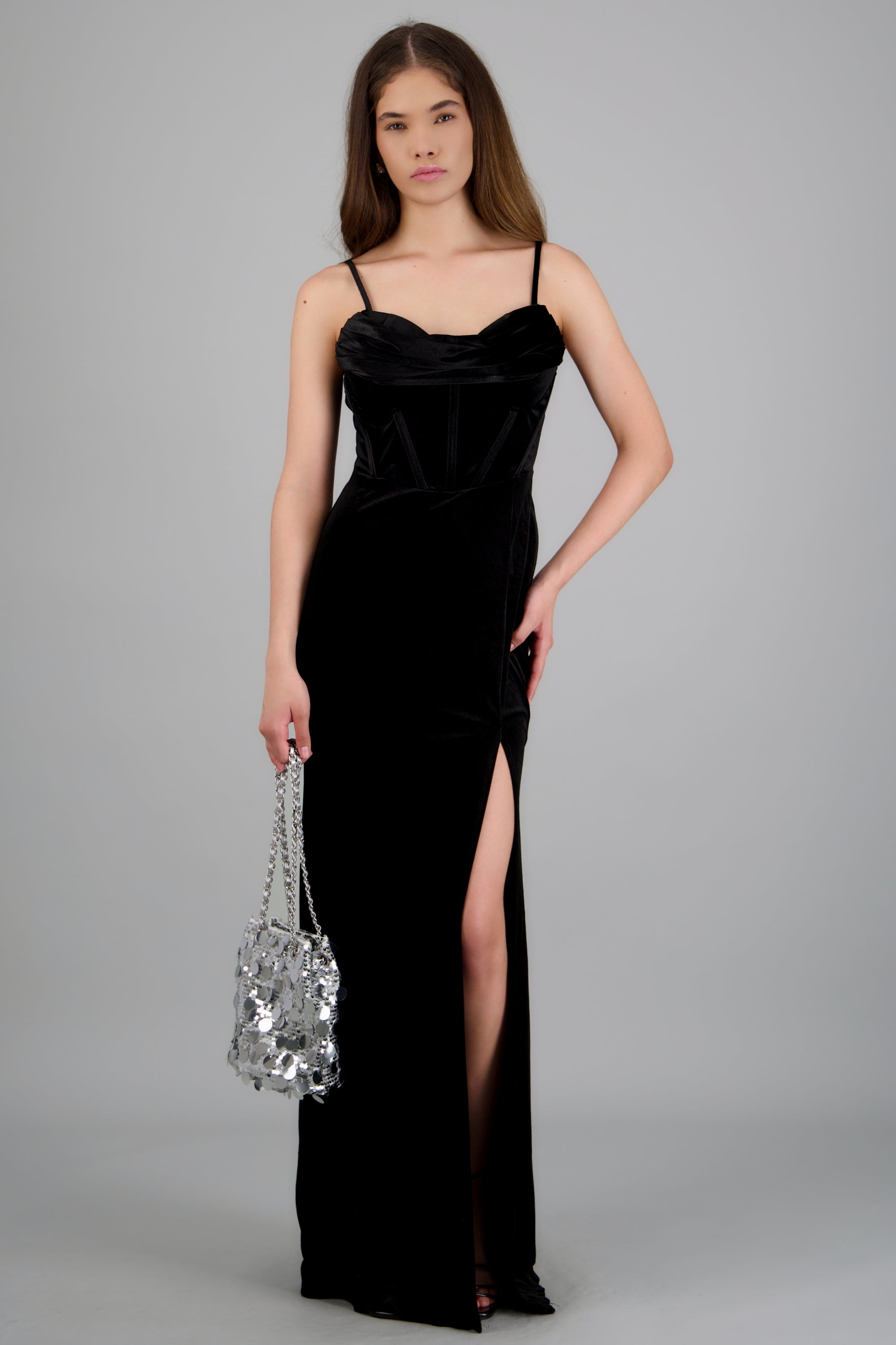 Vestido escote drapeado velvet NEGRO