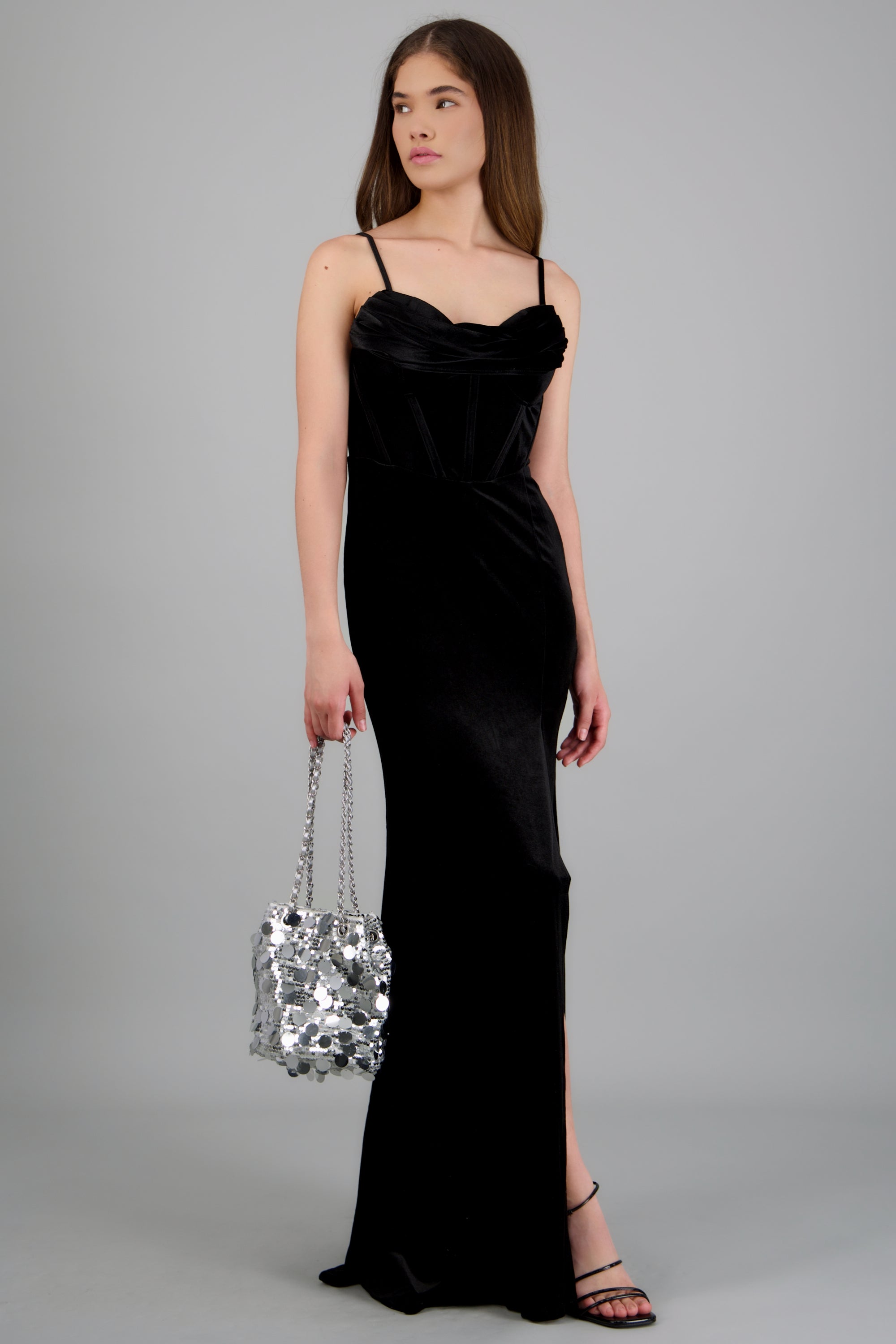 Vestido escote drapeado velvet NEGRO