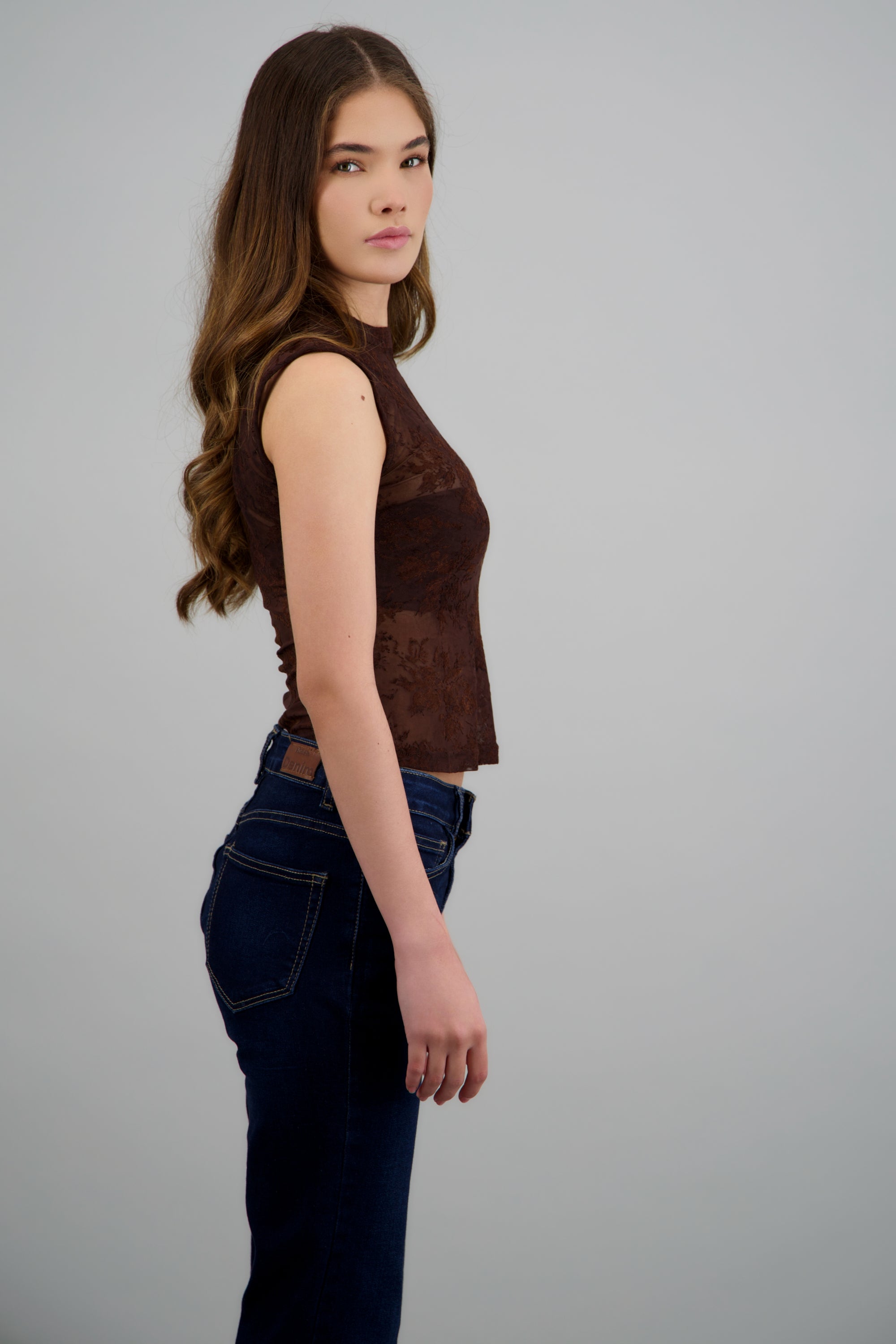 Blusa estilo chino mesh flock CHOCOLATE